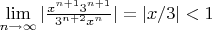 $\lim\limits_{n\to\infty} |\frac {x^{n+1} 3^{n+1}}{3^{n+2} x^n}|=|x/3|<1$