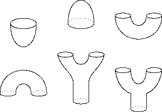 $$\shorthandoff{"}
\begin{tabular}{ccc}
{\begin{xy}
    (0,0)*\ellipse(5,2){-}; 
    (-5,0)*{}="TL"; 
    (5,0)*{}="TR"; 
    "TL";"TR" **\crv{(-5,-12) & (5,-12) }; 
\end{xy}}
&
{\begin{xy}
    (0,0)*\ellipse(5,2){.}; 
    (0,0)*\ellipse(5,2)__,=:a(-180){-}; 
    (-5,0)*{}="TL"; 
    (5,0)*{}="TR"; 
    "TL";"TR" **\crv{(-5,12) & (5,12) }; 
\end{xy}}
&
{\begin{xy}
    (-3,1.5)*\ellipse(3,1){-}; 
    (3,1.5)*\ellipse(3,1){-}; 
    (-3,3)*{}="X1"; 
    (3,3)*{}="X2"; 
    "X1";"X2" **\crv{(-3,-2) & (3,-2)}; 
    (-9,3)*{}="X1"; 
    (9,3)*{}="X2"; 
    "X1";"X2" **\crv{(-9,-9) & (9,-9)}; 
\end{xy}}
\\
{\begin{xy}
    (-3,-1.5)*\ellipse(3,1){.}; 
    (3,-1.5)*\ellipse(3,1){.}; 
    (-3,-1.5)*\ellipse(3,1)__,=:a(-180){-}; 
    (3,-1.5)*\ellipse(3,1)__,=:a(-180){-}; 
    (-3,-3)*{}="X1"; 
    (3,-3)*{}="X2"; 
    "X1";"X2" **\crv{(-3,2) & (3,2)}; 
    (-9,-3)*{}="X1"; 
    (9,-3)*{}="X2"; 
    "X1";"X2" **\crv{(-9,9) & (9,9)}; 
\end{xy}}
&
{\begin{xy}
    (0,-3)*\ellipse(3,1){.}; 
    (0,-3)*\ellipse(3,1)__,=:a(-180){-}; 
    (-3,6)*\ellipse(3,1){-}; 
    (3,6)*\ellipse(3,1){-}; 
    (-3,12)*{}="1"; %(inside 
    (3,12)*{}="2"; %top ellipses) 
    (-9,12)*{}="A2";%(Outside 
    (9,12)*{}="B2"; %top ellipses) 
    "1";"2" **\crv{(-3,7) & (3,7)};%(Top curve) 
    (-3,-6)*{}="A";%(sides of 
    (3,-6)*{}="B"; % bottom ellipse) 
    (-3,1)*{}="A1";%(end points 
    (3,1)*{}="B1"; % of straight lines) 
    "A";"A1" **\dir{-}; 
    "B";"B1" **\dir{-}; %straight lines 
    "B2";"B1" **\crv{(8,7) & (3,5)}; 
    "A2";"A1" **\crv{(-8,7) & (-3,5)}; 
\end{xy}}
&
{\begin{xy}
    (0,-4.5)*\ellipse(3,1){.}; 
    (0,-4.5)*\ellipse(3,1)__,=:a(-180){-}; 
    (-3,3)*\ellipse(3,1){-}; 
    (3,3)*\ellipse(3,1){-}; 
    (-3,6)*{}="1"; 
    (3,6)*{}="2"; 
    (-9,6)*{}="A2"; 
    (9,6)*{}="B2"; 
    "1";"2" **\crv{(-3,-1) & (3,-1)}; 
    (-3,-9)*{}="A"; 
    (3,-9)*{}="B"; 
    (-3,-3)*{}="A1"; 
    (3,-3)*{}="B1"; 
    "A";"A1" **\dir{-}; 
    "B";"B1" **\dir{-}; 
    "B1";"B2" **\crv{(8,-1)}; 
    "A1";"A2" **\crv{(-8,-1)}; 
\end{xy}}
\end{tabular}
\shorthandon{"}$$