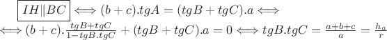 $ \boxed{IH\|BC}\Longleftrightarrow (b + c).tgA = (tgB + tgC).a\Longleftrightarrow \\ \Longleftrightarrow (b + c).\frac {tgB + tgC}{1 - tgB.tgC} + (tgB + tgC).a = 0\Longleftrightarrow tgB.tgC = \frac {a + b + c}{a} = \frac {h_a}{r} $