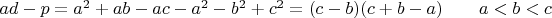 $ad-p=a^2+ab-ac-a^2-b^2+c^2=(c-b)(c+b-a)\qquad a<b<c$