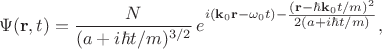 $$\Psi(\mathbf{r},t)=\dfrac{N}{(a+i\hbar t/m)^{3/2}}\,e^{i(\mathbf{k}_0\mathbf{r}-\omega_0t)-\frac{\scriptstyle(\mathbf{r}-\hbar\mathbf{k}_0t/m)^2}{\scriptstyle 2(a+i\hbar t/m)}},$$