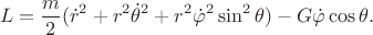 $$L=\frac{m}{2}(\dot r^2+r^2\dot \theta^2+r^2\dot\varphi^2\sin^2\theta)-G\dot\varphi\cos\theta.$$ $$L=\frac{m}{2}(\dot r^2+r^2\dot \theta^2+r^2\dot\varphi^2\sin^2\theta)-G\dot\varphi\cos\theta.$$