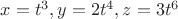 $x=t^3,y=2t^4,z=3t^6$