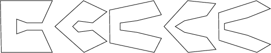 $$\begin{tikzpicture}\draw [black, thin](1.0177,1.1429) -- (0.6248,1.2857) -- (0.6248,0.7143) -- (1.0177,0.8571) -- (1.6071,0.8571) -- (2.0000,0.0000) -- (0.0354,0.0000) -- (-0.0000,2.0000) -- (2.0000,2.0000) -- (1.6071,1.1429) -- (1.0177,1.1429);\draw [black, thin](3.5499,1.1429) -- (2.9999,1.2143) -- (2.7799,1.0000) -- (2.9999,0.7857) -- (3.5499,0.8571) -- (4.1000,0.4286) -- (3.2199,0.0000) -- (2.1000,1.0000) -- (3.2001,2.0000) -- (4.1000,1.5714) -- (3.5499,1.1429);\draw [black, thin](6.2000,1.4545) -- (5.2637,1.2273) -- (4.6082,1.1364) -- (4.6082,0.8636) -- (5.2637,0.7727) -- (6.2000,0.5455) -- (5.9191,0.0000) -- (4.2169,0.3636) -- (4.2000,1.6364) -- (5.9022,2.0000) -- (6.2000,1.4545);\draw [black, thin](8.2909,1.8889) -- (7.9459,1.4167) -- (7.0860,1.2222) -- (6.7320,1.0000) -- (7.0860,0.7778) -- (7.9459,0.5833) -- (8.3000,0.1111) -- (7.2287,0.0000) -- (6.3000,1.0000) -- (7.2105,2.0000) -- (8.2909,1.8889);\draw [black, thin](9.8556,2.0000) -- (10.3933,1.6912) -- (9.5124,1.3382) -- (8.6249,1.1176) -- (8.6249,0.8824) -- (9.5124,0.6618) -- (10.4000,0.3088) -- (9.8756,0.0000) -- (8.4133,0.4706) -- (8.4000,1.5294) -- (9.8556,2.0000);\end{tikzpicture}$$