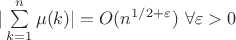 $|\sum\limits_{k=1}^{n} \mu(k)|=O(n^{1/2 +\varepsilon})$ $\forall\varepsilon>0$ $|\sum\limits_{k=1}^{n} \mu(k)|=O(n^{1/2 +\varepsilon})$ $\forall\varepsilon>0$