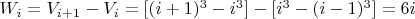 $W_i=V_{i+1}-V_i=[(i+1)^3-i^3] - [i^3-(i-1)^3]= 6i\ $