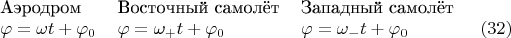 \begin{tabular}{lll}Аэродром&Восточный самолёт&Западный самолёт\\ $\varphi=\omega t+\varphi_0$ & $\varphi=\omega_+t+\varphi_0$ & $\varphi=\omega_-t+\varphi_0\qquad\qquad\eqno{(32)}$ \end{tabular}