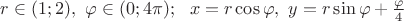 $r\in(1;2),\ \varphi\in(0;4\pi);\ \ x=r\cos\varphi,\ y=r\sin\varphi+\frac{\varphi}4$