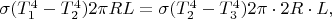 $\sigma (T_1^4 - T_2^4)2\pi R L = \sigma (T_2^4 - T_3^4)2\pi\cdot 2R\cdot L, $