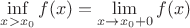 $\inf\limits_{x>x_0}f(x)=\lim\limits_{x\to x_0+0}f(x)$