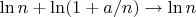 $\ln n + \ln (1+a/n) \to \ln n$