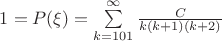$1 = P(\xi) = \sum\limits_{k=101}^{\infty} \frac {C} {k(k+1)(k+2)} $
