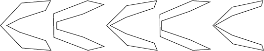 $$\begin{tikzpicture}\draw [black, thin](0.8332,1.9043) -- (1.9846,2.0000) -- (1.7864,1.6087) -- (0.7648,1.2696) -- (0.2521,1.0000) -- (0.7648,0.7304) -- (1.7902,0.3913) -- (2.0000,0.0000) -- (0.8524,0.0957) -- (0.0000,1.0000) -- (0.8332,1.9043);\draw [black, thin](2.1000,1.4749) -- (3.4423,2.0000) -- (4.0870,1.8447) -- (3.2620,1.4612) -- (2.2243,1.1416) -- (2.2243,0.8584) -- (3.2646,0.5388) -- (4.1000,0.1553) -- (3.4657,0.0000) -- (2.1130,0.5251) -- (2.1000,1.4749);\draw [black, thin](4.2000,1.0000) -- (4.9930,1.7995) -- (6.1783,2.0000) -- (6.0707,1.7079) -- (4.9595,1.3267) -- (4.3405,1.0000) -- (4.9611,0.6733) -- (6.0800,0.2921) -- (6.2000,0.0000) -- (5.0147,0.2005) -- (4.2000,1.0000);\draw [black, thin](6.3141,0.5557) -- (6.3000,1.4443) -- (7.5817,2.0000) -- (8.2799,1.9491) -- (7.4903,1.5750) -- (6.3694,1.1816) -- (6.3704,0.8184) -- (7.4973,0.4250) -- (8.3000,0.0509) -- (7.6098,0.0000) -- (6.3141,0.5557);\draw [black, thin](9.1948,0.2590) -- (8.4000,1.0000) -- (9.1692,1.7410) -- (10.3707,2.0000) -- (10.3153,1.7819) -- (9.1559,1.3881) -- (8.4762,1.0000) -- (9.1608,0.6119) -- (10.3318,0.2181) -- (10.4000,0.0000) -- (9.1948,0.2590);\end{tikzpicture}$$
