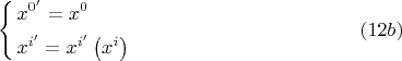 $$\left\{ \begin{gathered}  x^{0'}  = x^0  \hfill \\  x^{i'}  = x^{i'} \left( {x^i } \right) \hfill \\ \end{gathered}  \right. \eqno (12b)$$