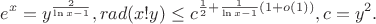 $$e^x=y^{\frac{2}{\ln x -1}}, rad(x!y)\le c^{\frac 12 +\frac{1}{\ln x -1}(1+o(1))},c=y^2.$$