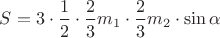 $S=3\cdot \dfrac 12\cdot \dfrac 23 m_1  \cdot \dfrac 23 m_2\cdot \sin \alpha$