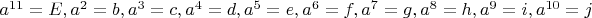 $a^{11}=E, a^2=b, a^3=c, a^4=d, a^5=e, a^6=f, a^7=g, a^8=h, a^9=i, a^{10}=j$
