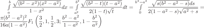 $\int\limits_a^b\dfrac{\sqrt{(b^2-x^2)(x^2-a^2)}}{1-x^2}dx=\int\limits_{a^2}^{b^2}\dfrac{\sqrt{(b^2-t)(t-a^2)}}{2(1-t)\sqrt{t}}dt=\int\limits_0^{b^2-a^2}\dfrac{\sqrt{s(b^2-a^2-s)}ds}{2(1-a^2-s)\sqrt{a^2+s}}=\dfrac{\pi (b^2-a^2)^2}{16a(1-a^2)}F_1\left(\dfrac32,1,\dfrac12,3;\dfrac{b^2-a^2}{1-a^2},1-\dfrac{b^2}{a^2}\right)$