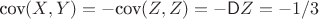 $\textrm{cov}(X,Y)=-\textrm{cov}(Z,Z)=-\mathsf DZ=-1/3$
