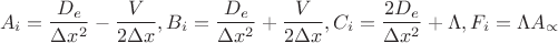 $${A}_{i}=\frac{{D}_{e}}{\Delta {x}^{2}}-\frac{V}{2\Delta x},  {B}_{i}=\frac{{D}_{e}}{\Delta {x}^{2}}+\frac{V}{2\Delta x},  {C}_{i}=\frac{{2D}_{e}}{\Delta {x}^{2}}+\Lambda,  {F}_{i}=\Lambda {A}_{\propto }$$