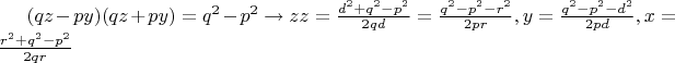 $(qz-py)(qz+py)=q^2-p^2\to z z=\frac{d^2+q^2-p^2}{2qd}=\frac{q^2-p^2-r^2}{2pr},y=\frac{q^2-p^2-d^2}{2pd},x=\frac{r^2+q^2-p^2}{2qr}$