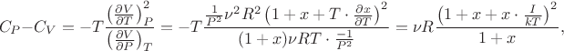$$C_P-C_V=-T\frac{\left(\frac{\partial V}{\partial T}\right)^2_P}{\left(\frac{\partial V}{\partial P}\right)_T}=-T\frac{\frac{1}{P^2}\nu^2R^2\left(1+x+T\cdot \frac{\partial x}{\partial T}\right)^2}{(1+x)\nu RT\cdot\frac{-1}{P^2}}=\nu R \frac{\left(1+x+x\cdot \frac{I}{kT}\right)^2}{1+x},$$