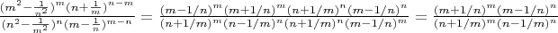 $\frac{(m^{2}-\frac{1}{n^{2}})^{m}(n+\frac{1}{m})^{n-m}}{(n^{2}-\frac{1}{m^{2}})^{n}(m-\frac{1}{n})^{m-n}}=\frac{(m-1/n)^{m}(m+1/n)^{m}(n+1/m)^{n}(m-1/n)^{n}}{(n+1/m)^{m}(n-1/m)^{n}(n+1/m)^{n}(m-1/n)^{m}}=\frac{(m+1/n)^{m}(m-1/n)^{n}}{(n+1/m)^{m}(n-1/m)^{n}}$