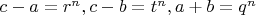 $c-a=r^n, c-b=t^n , a+b=q^n$
