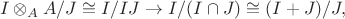 $$I\otimes_AA/J\cong I/IJ\rightarrow I/(I\cap J)\cong (I+J)/J,$$