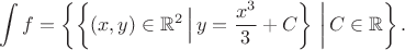 $$\int f=\left\{\left\{(x,y)\in\mathbb{R}^2\,\Big|\,y=\frac{x^3}{3}+C\right\}\,\bigg|\,C\in\mathbb{R}\right\}.$$