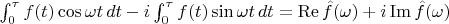 $\int_0^\tau f(t)\cos\omega t\,dt-i\int_0^\tau f(t)\sin\omega t\,dt = \operatorname{Re}\hat f(\omega) + i\operatorname{Im}\hat f(\omega)$