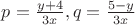 $p=\frac{y+4}{3 x},q=\frac{5-y}{3 x}$