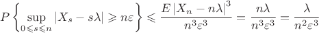 $$
P\left\{\sup\limits_{0\leqslant s\leqslant n}|X_s-s\lambda|\geqslant n\varepsilon\right\}\leqslant\frac{E\left|X_n-n\lambda\right|^3}{n^3\varepsilon^3}=
\frac{n\lambda}{n^3\varepsilon^3}=\frac{\lambda}{n^2\varepsilon^3}
$$