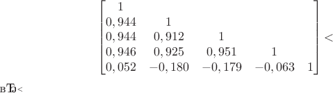 $$
\begin{bmatrix}
1 & & & & \\
0,944 & 1 & & & \\
0,944 & 0,912 & 1 & & \\
0,946 & 0,925 & 0,951 & 1 & \\
0,052 & -0,180 & -0,179 & -0,063 & 1
\end{bmatrix}
$$ $$
\begin{bmatrix}
1 & & & & \\
0,944 & 1 & & & \\
0,944 & 0,912 & 1 & & \\
0,946 & 0,925 & 0,951 & 1 & \\
0,052 & -0,180 & -0,179 & -0,063 & 1
\end{bmatrix}
$$