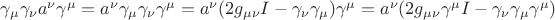 $\gamma_\mu \gamma_\nu a^\nu \gamma^\mu= a^\nu \gamma_\mu \gamma_\nu \gamma^\mu = a^\nu(2 g_{\mu\nu}I-\gamma_\nu \gamma_\mu )\gamma^\mu=a^\nu(2 g_{\mu\nu}\gamma^\mu I-\gamma_\nu \gamma_\mu\gamma^\mu)$