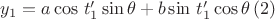 $y_1=a\cos\,t_1'\sin\theta +b\sin\,t_1'\cos\theta\,(2)$ $y_1=a\cos\,t_1'\sin\theta +b\sin\,t_1'\cos\theta\,(2)$