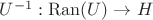 $U^{-1}: \operatorname{Ran}(U) \to H$