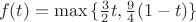 $$
 f(t)=\max{\{\tfrac{3}{2}t,\tfrac{9}{4}(1-t)\}}
$$