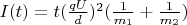 $I(t) = t (\frac{q U}{d})^2 (\frac{1}{m_1} + \frac{1}{m_2})$