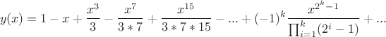 $$y(x)=1-x+\frac{x^3}{3}-\frac{x^7}{3*7}+\frac{x^{15}}{3*7*15}-...+(-1)^k\frac{x^{2^k-1}}{\prod_{i=1}^k (2^i-1)}}+...$$