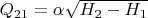 $Q_{21}=\alpha\sqrt{H_{2}-H_{1}}$