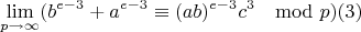 $$\lim\limits_{p \rightarrow \infty}(b^{e-3}+a^{e-3}\equiv (ab)^{e-3}c^3\mod p) (3)$$