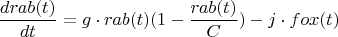 $$\frac {d rab(t)} {dt} = g \cdot rab(t) (1 - \frac {rab(t)} C) - j \cdot fox(t)$$