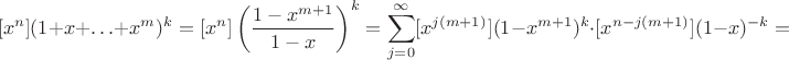 $$[x^n](1+x+\ldots+x^m)^k = [x^n] \left(\frac{1-x^{m+1}}{1-x}\right)^k = \sum_{j=0}^{\infty} [x^{j(m+1)}] (1-x^{m+1})^k\cdot [x^{n-j(m+1)}] (1-x)^{-k} =$$