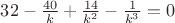 $32-\frac{40}{k}+\frac{14}{k^2}-\frac{1}{k^3}=0$