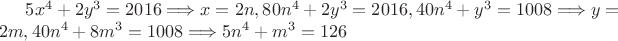 $5x^4+2y^3=2016 \Longrightarrow 
x=2n, 80n^4+2y^3=2016, 40n^4+y^3=1008 \Longrightarrow y=2m, 40n^4+8m^3=1008 \Longrightarrow 5n^4+m^3=126 $
