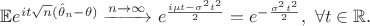 $\mathbb{E}e^{it\sqrt{n}(\hat\theta_n-\theta)} \xrightarrow{n \to \infty} e^{\frac{i \mu t - \sigma^2 t^2}{2}} = e^{-\frac{\sigma^2t^2}{2}}, \ \forall t \in \mathbb{R}.$