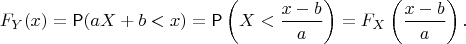 $$ F_Y(x) = \mathsf P(aX+b < x) = \mathsf P\left(X < \frac{x-b}{a}\right) = F_X\left(\frac{x-b}{a}\right).$$
