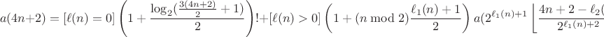 $$a(4n+2)=[\ell(n)=0]\left(1+\frac{\log_{2}(\frac{3(4n+2)}{2}+1)}{2}\right)!+[\ell(n)>0]\left(1+ (n\bmod 2)\frac{\ell_{1}(n)+1}{2}\right)a(2^{\ell_{1}(n)+1}\left\lfloor\frac{4n+2-\ell_{2}(n)}{2^{\ell_{1}(n)+2}}\right\rfloor+\ell_{2}(n))$$