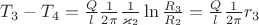 $T_3 - T_4 = \frac{Q}{l} \frac{1}{2 \pi} \frac{1}{\varkappa_2} \ln \frac{R_3}{R_2} = \frac{Q}{l} \frac{1}{2 \pi} r_3$ $T_3 - T_4 = \frac{Q}{l} \frac{1}{2 \pi} \frac{1}{\varkappa_2} \ln \frac{R_3}{R_2} = \frac{Q}{l} \frac{1}{2 \pi} r_3$
